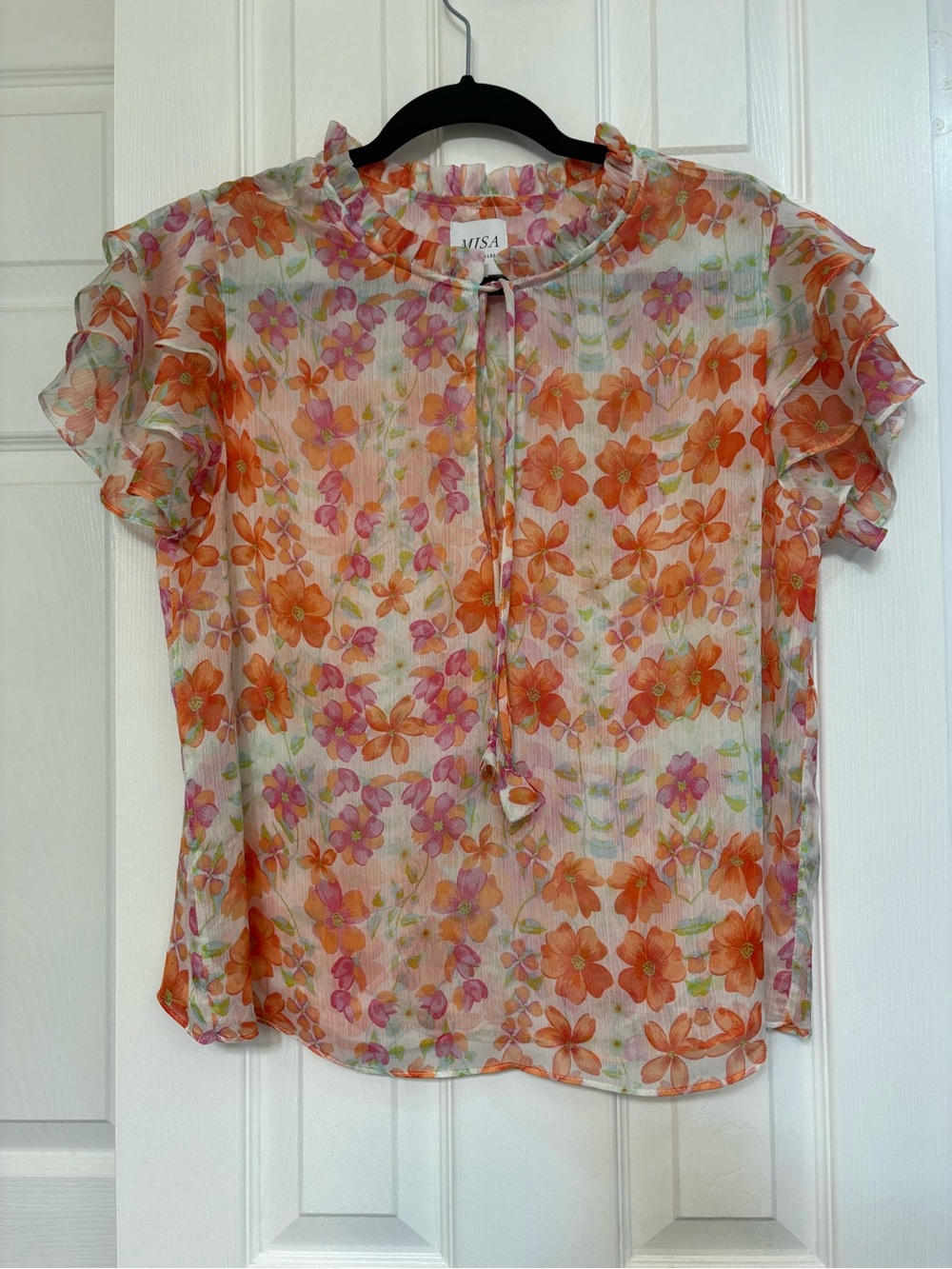 Misa Los Angeles Orange and Pink Floral Sheer Ruffle Blouse Sz Small Spring